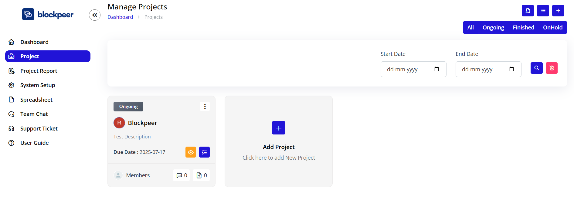 Manage Projects Screen