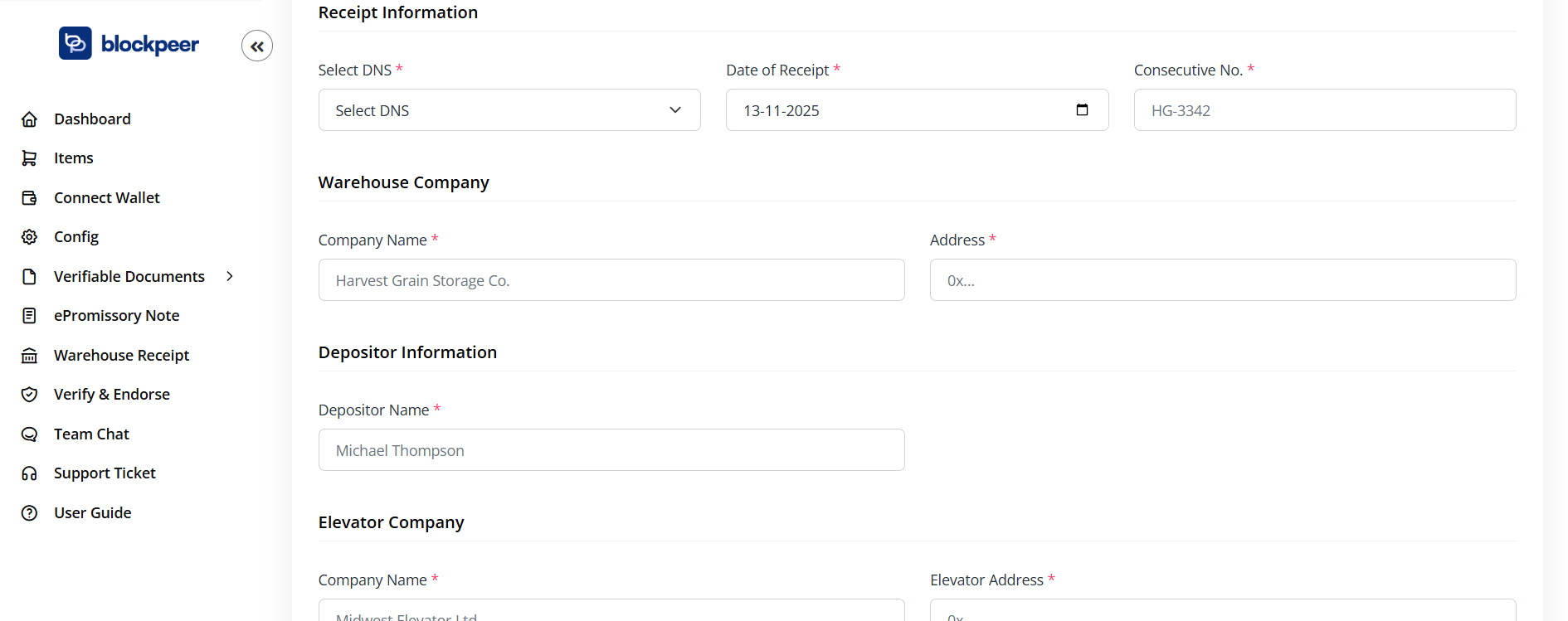 Create Warehouse Receipt