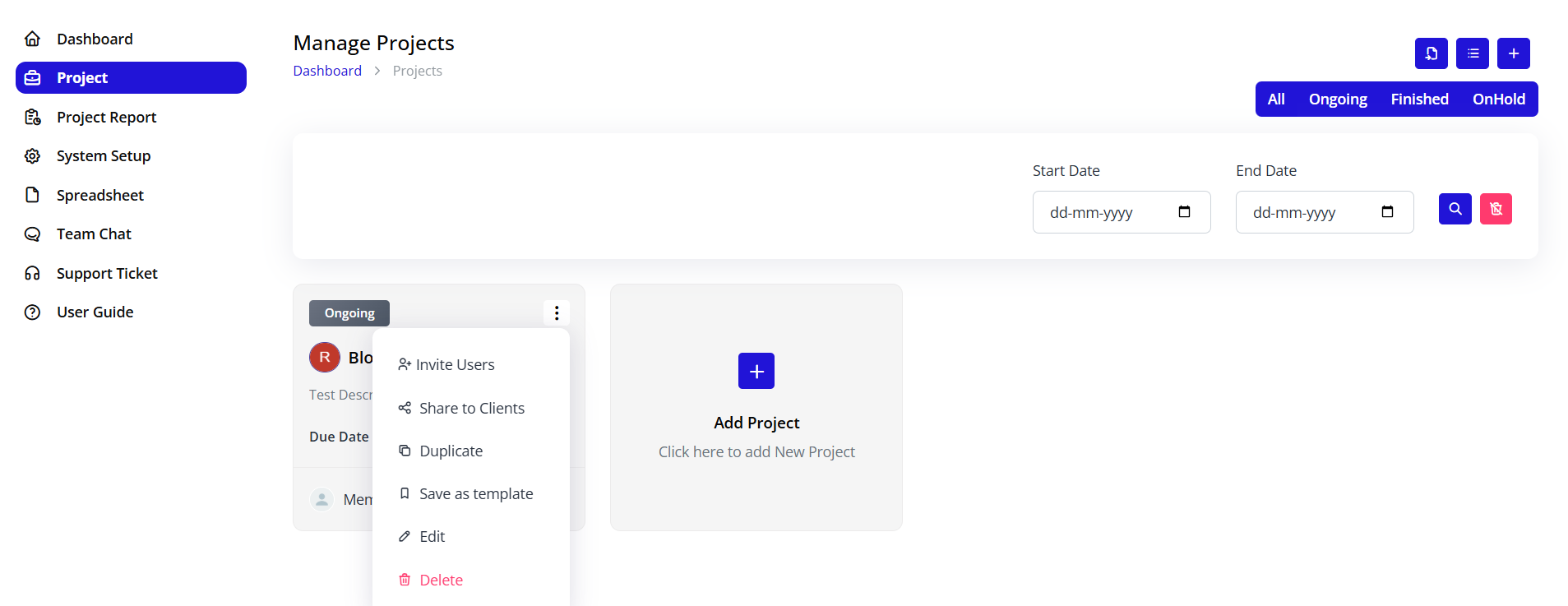 Project Options Menu